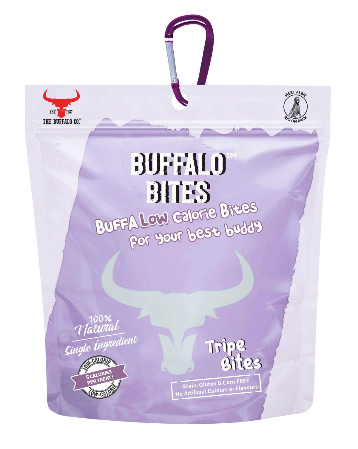 Buffalo Bites (Tripe Bites) dog treat pouch in purple and white, with buffalo graphic and attached purple carabiner