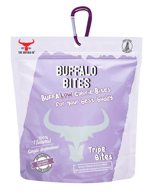 Buffalo Bites (Tripe Bites) dog treat pouch in purple and white, with buffalo graphic and attached purple carabiner