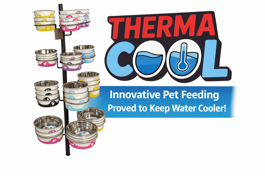 Buffalo Bowl Stand Deal with stainless steel dog bowls in assorted colours displayed on a black wrought iron stand