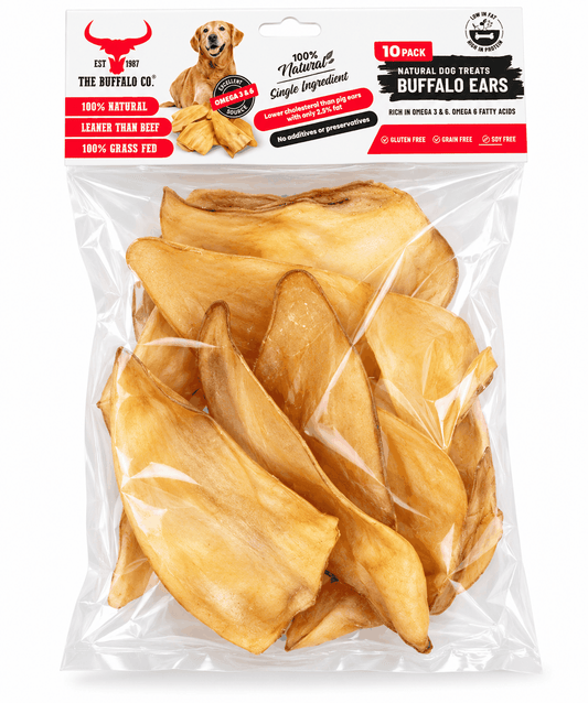 Buffalo Ears - Dog Treats in a clear 10-pack bag, showing tan natural dried ears and a red, white and black label