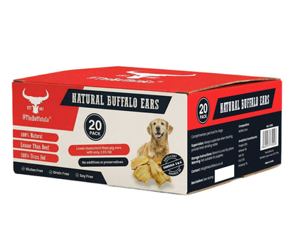 Buffalo Ears - Dog Treats in a red and cream 20-pack box, featuring buffalo ear chews and a dog illustration