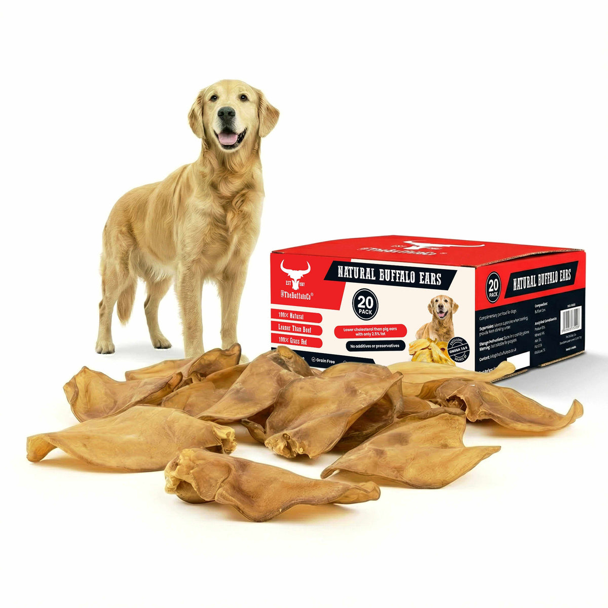 Buffalo Ears - Dog Treats in tan, dried natural hide, shown as several whole chew ears beside a red and black box