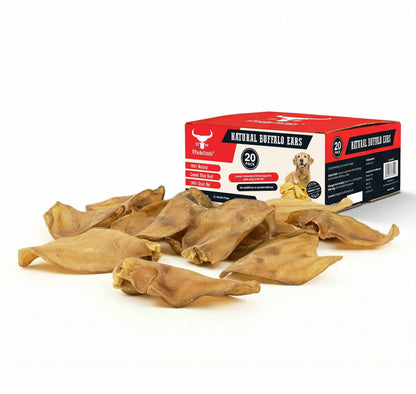Buffalo Ears - Dog Treats in tan, dried natural chews, displayed loose with a red and black 20-pack box