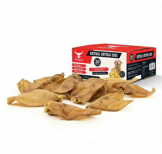 Buffalo Ears - Dog Treats in tan, dried natural chews, displayed loose with a red and black 20-pack box