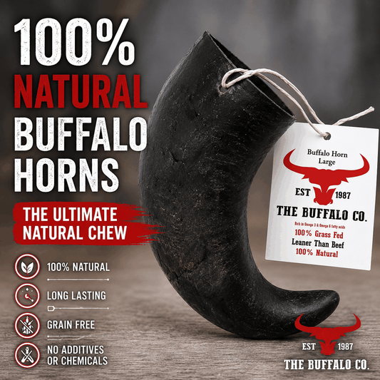 Buffalo Horn-Large natural dog chew made from a curved black buffalo horn with a smooth, tapered tip and product tag
