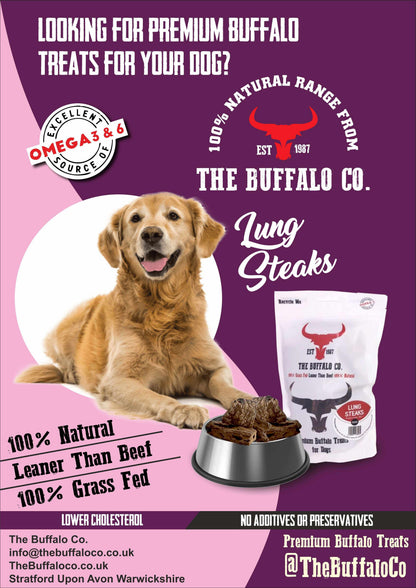 Buffalo Lung Steaks dog treats in a white pouch beside a bowl of dark brown chews and a golden dog illustration