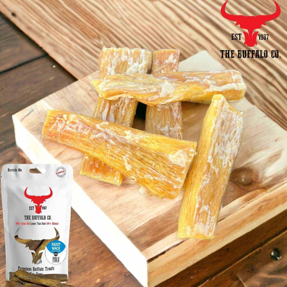 Buffalo Paddywack - Dog Treats in golden tan, fibrous natural chews, shown as thick rectangular sticks beside a pouch