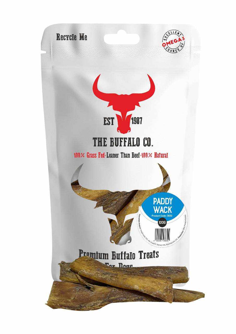 Buffalo Paddywack - Dog Treats in a white resealable pouch with brown natural chews and buffalo logo