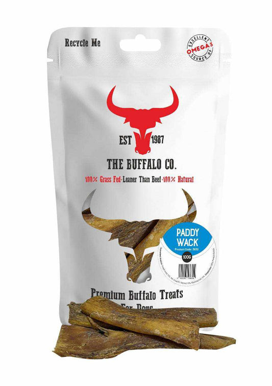 Buffalo Paddywack - Dog Treats in a white resealable pouch with brown natural chews and buffalo logo
