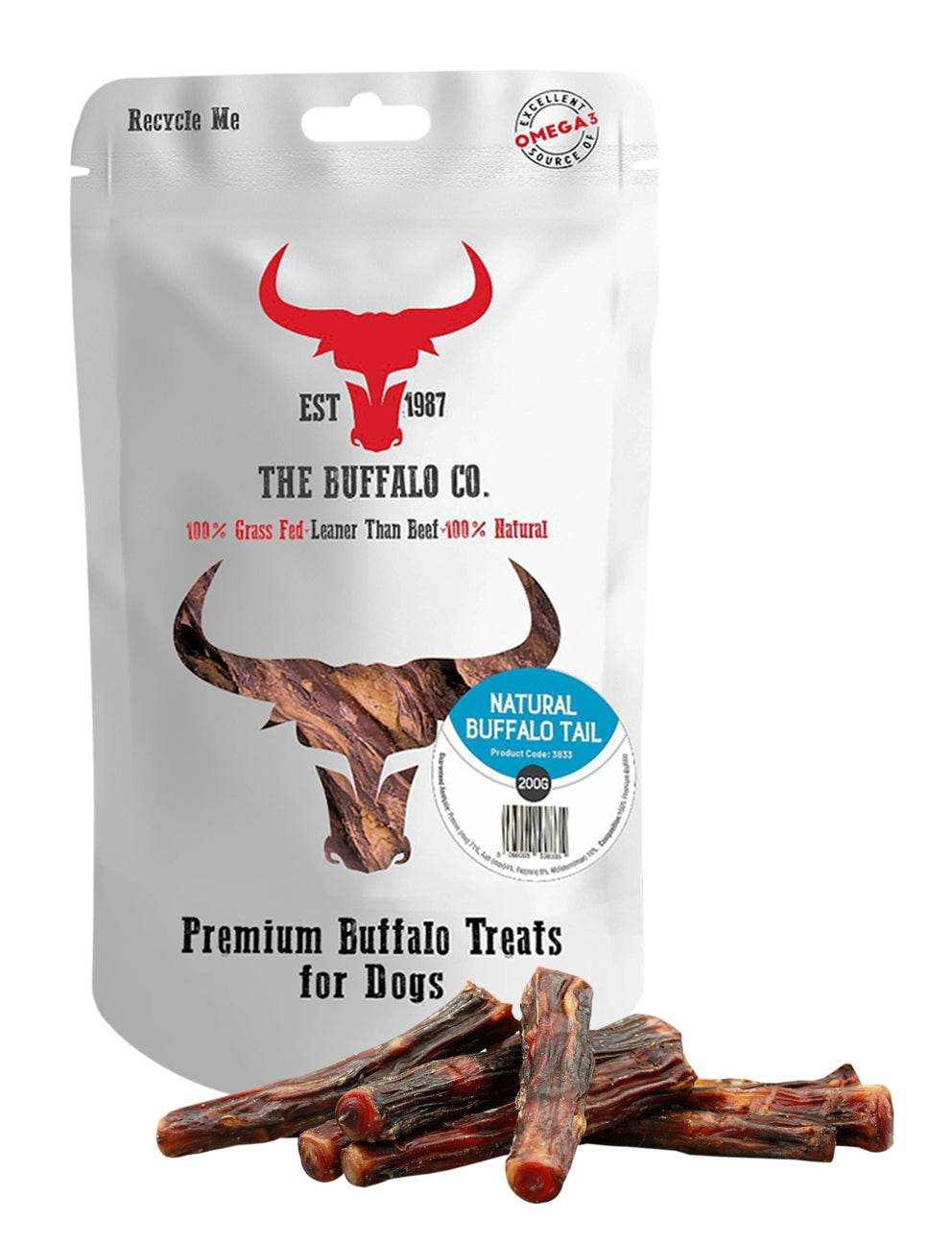 Buffalo Tail - Dog Treats in a white resealable pouch with buffalo logo and visible brown natural buffalo tail chews