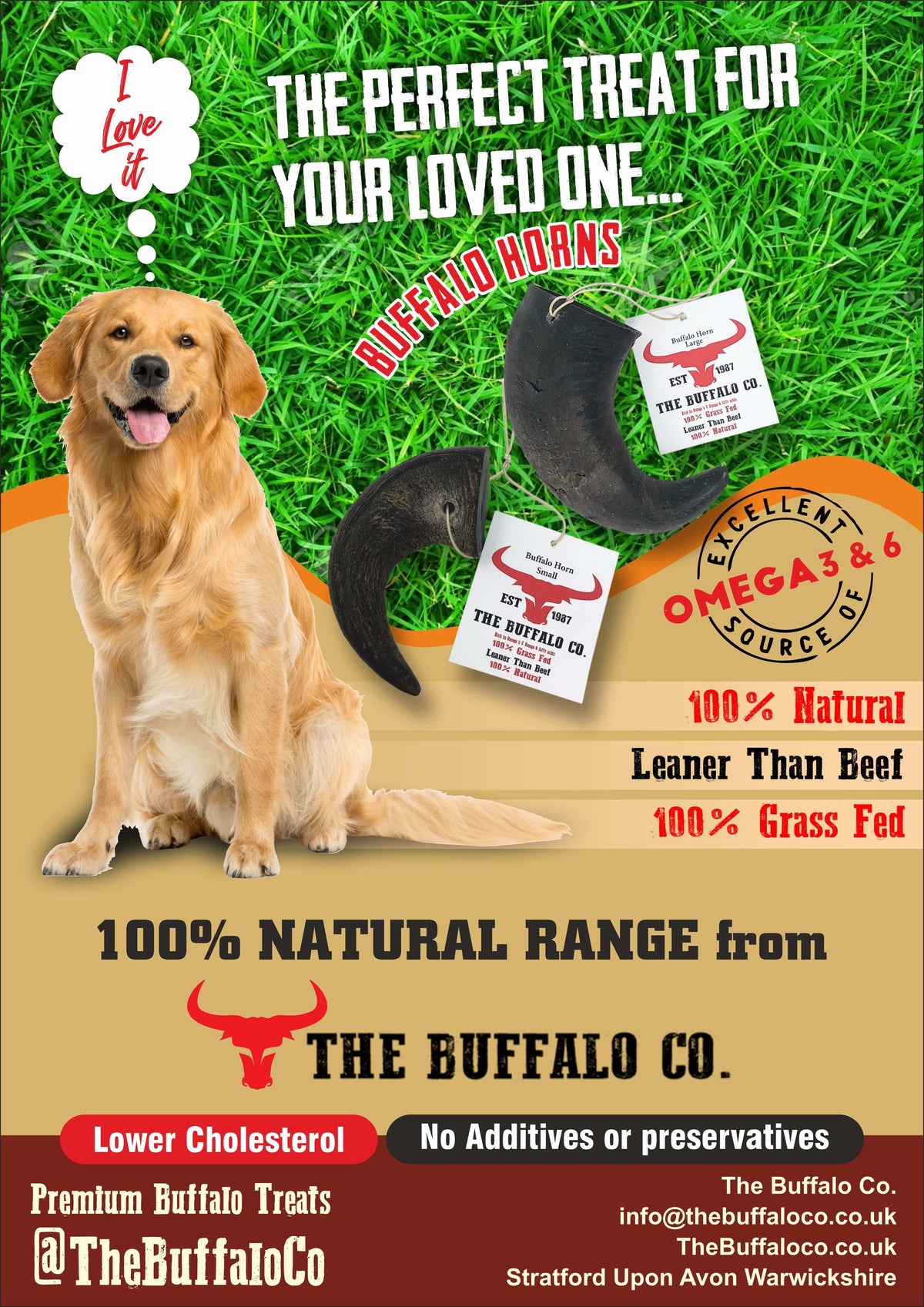 Buffalo Trade Stand Deal- with product featuring a buffalo horn chew, product labels and a golden retriever on a grass design