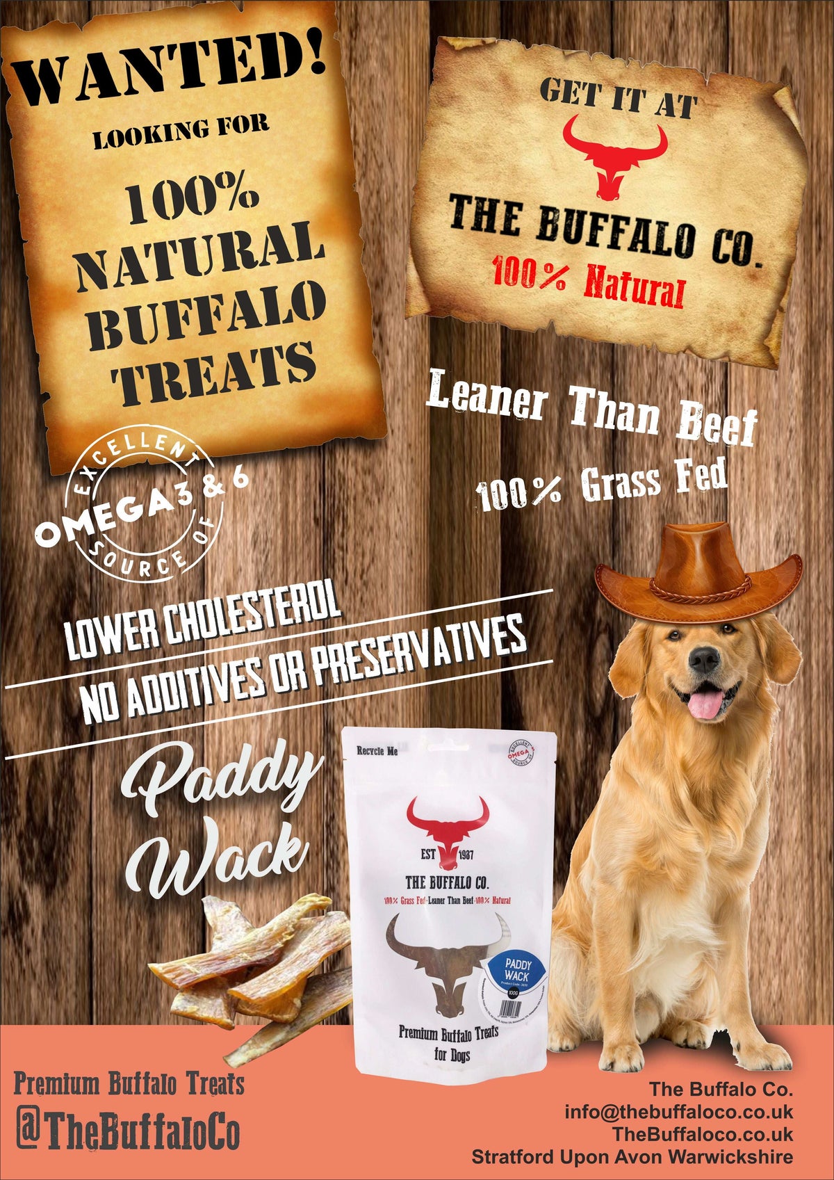 Buffalo Trade Stand Deal- with product featuring a buffalo paddywack treat pack, natural buffalo branding and a dog in a cowboy hat