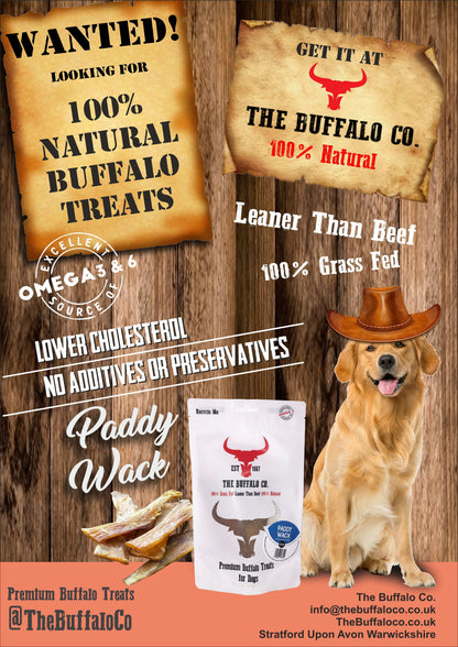 Buffalo Trade Stand Deal- with product featuring a buffalo paddywack treat pack, natural buffalo branding and a dog in a cowboy hat