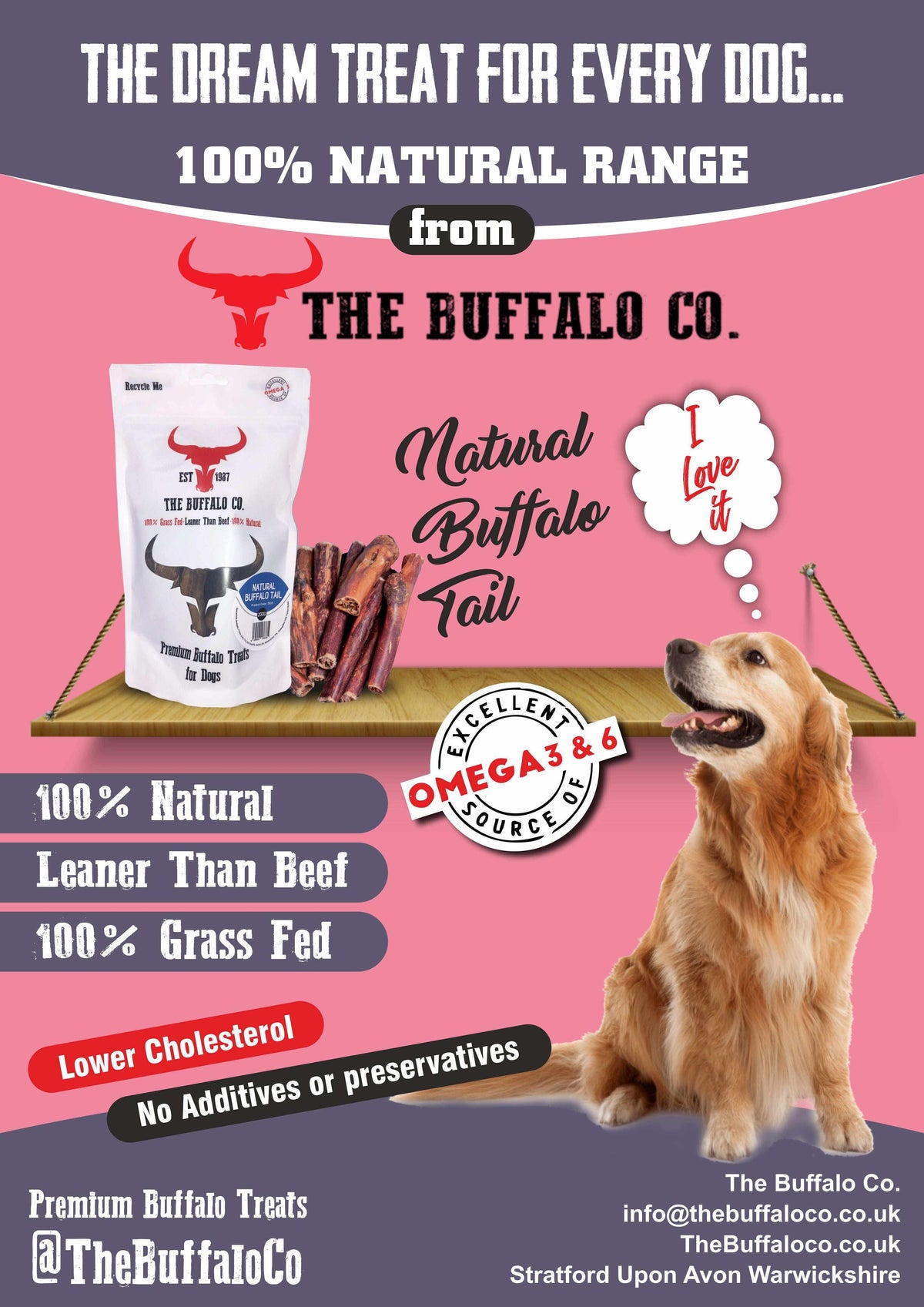Buffalo Trade Stand Deal- with product featuring natural buffalo tail treats, branded pouch and seated golden dog graphic