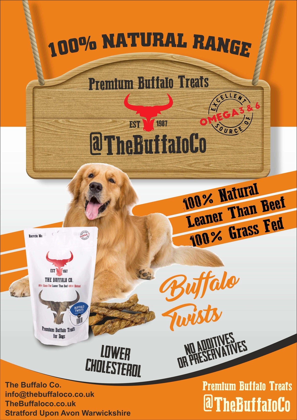 Buffalo Trade Stand Deal- with product, Buffalo Twists treat pouch beside a golden dog, with wooden brand sign