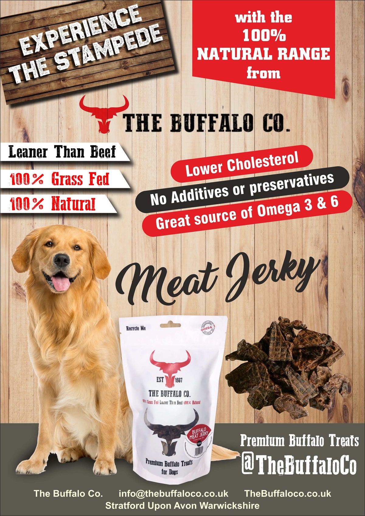Buffalo Trade Stand Deal- with product, buffalo jerky pouch with dark meat pieces beside a golden dog