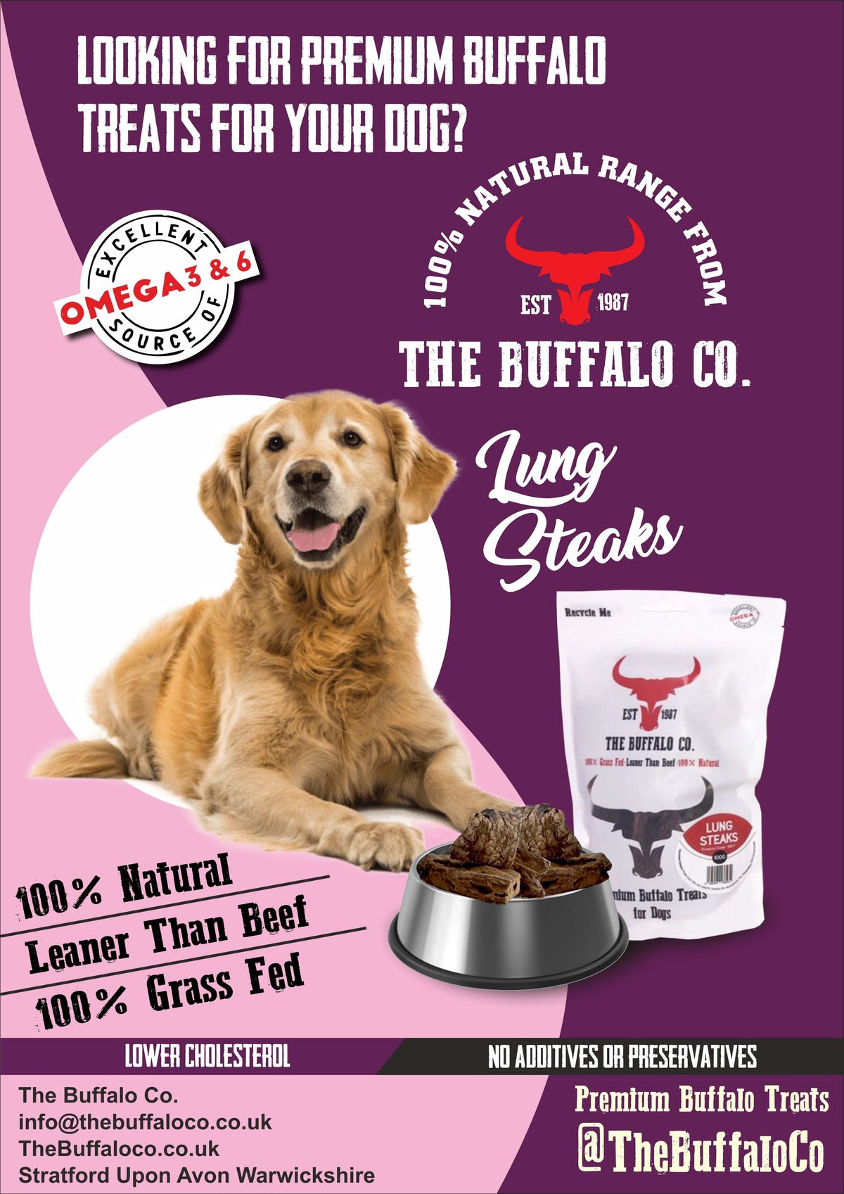 Buffalo Trade Stand Deal- with product advert shows brown dog, buffalo logo, lung steak pouch and beef jerky in a bowl