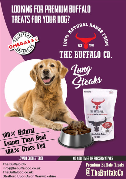 Buffalo Trade Stand Deal- with product advert shows brown dog, buffalo logo, lung steak pouch and beef jerky in a bowl
