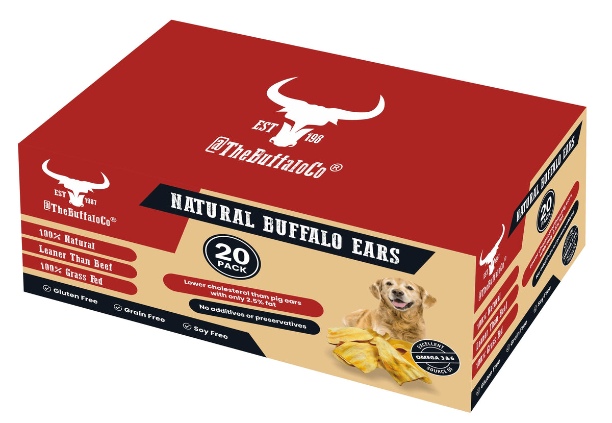 Buffalo Trade Stand Deal- with product featuring a red and tan natural buffalo ears box with a 20-pack label