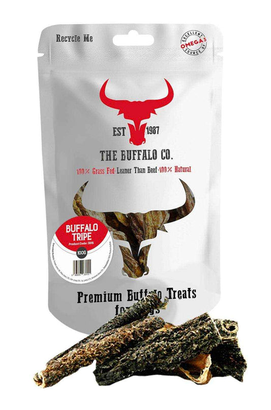 Buffalo Tripe - Dog Treats in a silver resealable pouch with a red buffalo logo and dark, textured dried tripe pieces