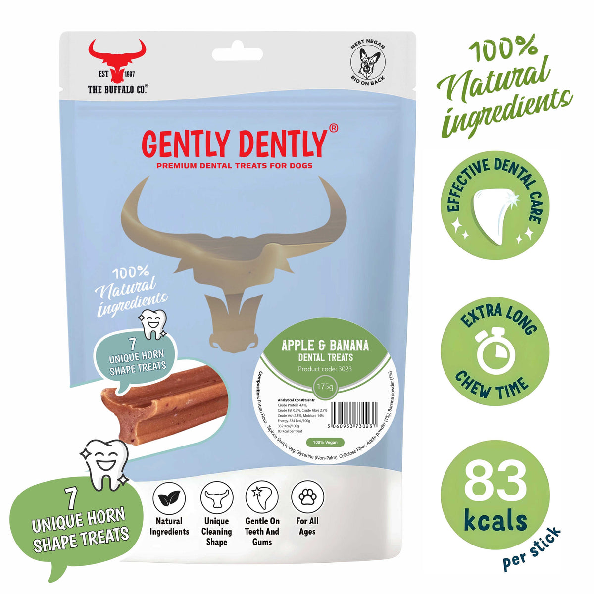 Gently Dently- Apple & Banana dental treats in a blue and white pouch, with green natural ingredient and dental care labels