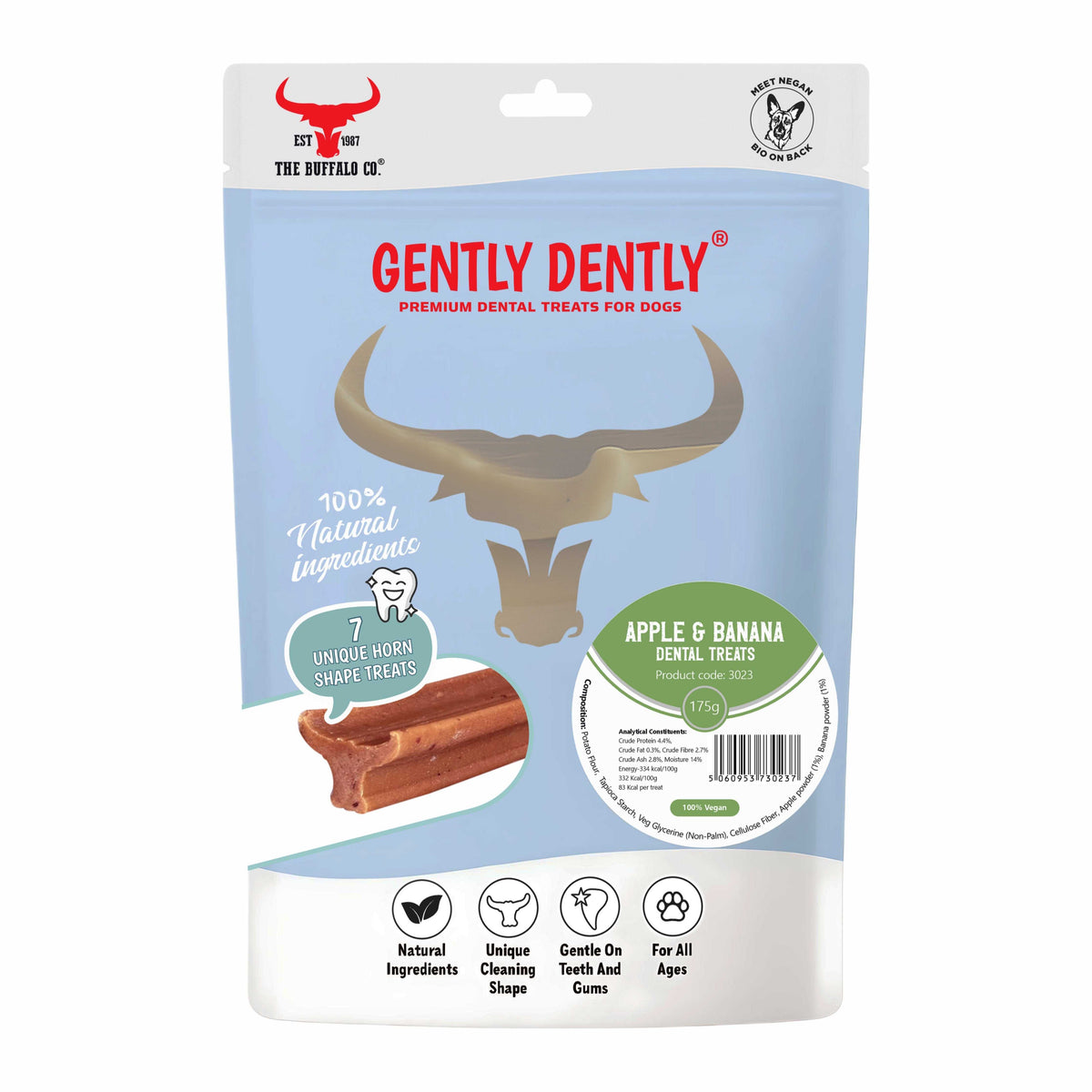 Gently Dently- Apple & Banana dental treats in a light blue and white pouch with a buffalo-head graphic and treat illustration