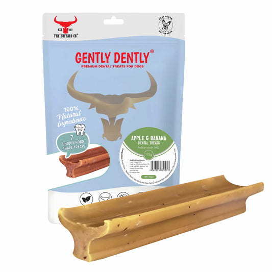 Gently Dently- Apple & Banana dog dental treats in a blue pouch with a tan, ridged buffalo-horn-shaped chew