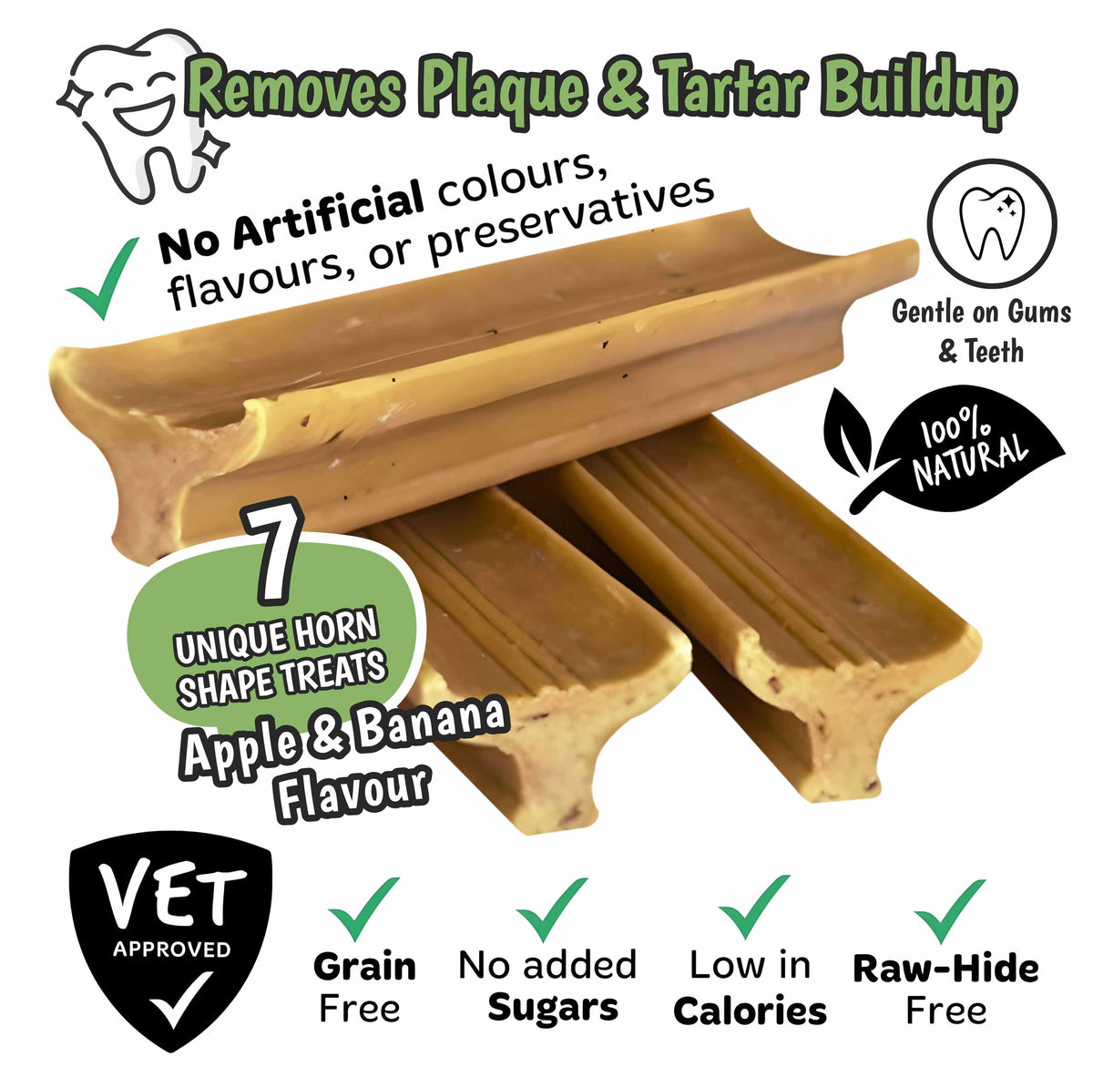 Gently Dently- Apple & Banana dental treats for dogs, tan horn-shaped chews with visible speckles and ridges