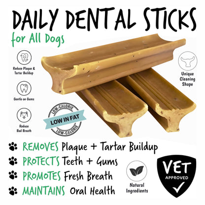 Gently Dently- Apple & Banana dental sticks in tan, ridged treats with a distinctive cleaning shape for dogs