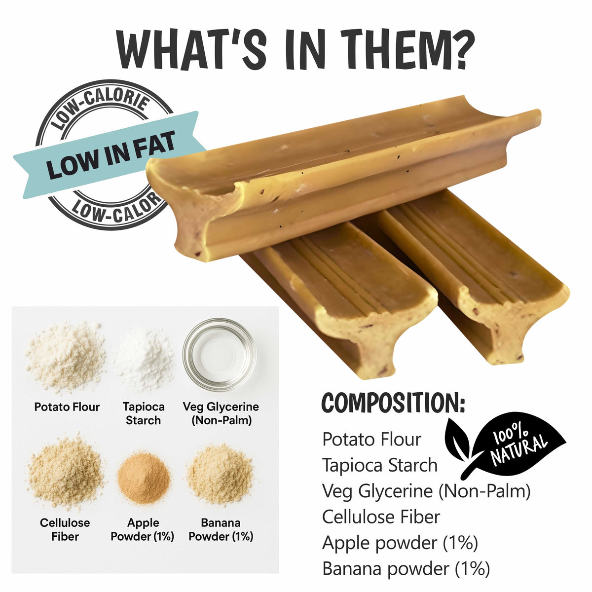 Gently Dently- Apple & Banana dental treats for dogs, tan ridged chew sticks with a low-fat label and natural ingredients