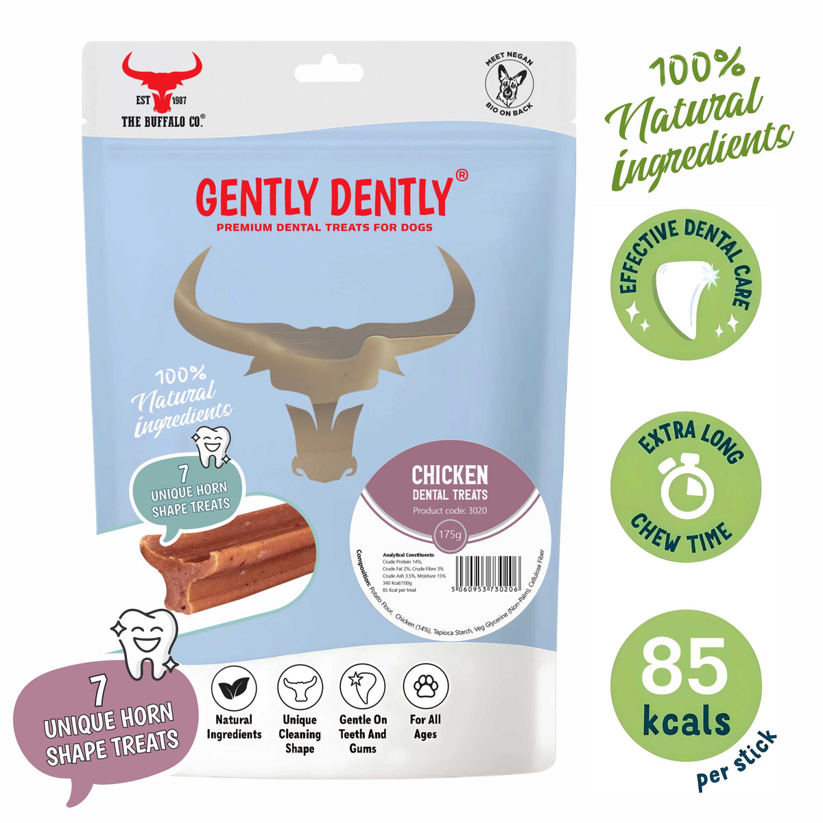 Gently Dently- Chicken Dental Treats in a light blue pouch, with a buffalo head graphic and natural ingredient claims