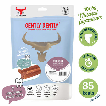 Gently Dently- Chicken Dental Treats in a light blue pouch, with a buffalo head graphic and natural ingredient claims