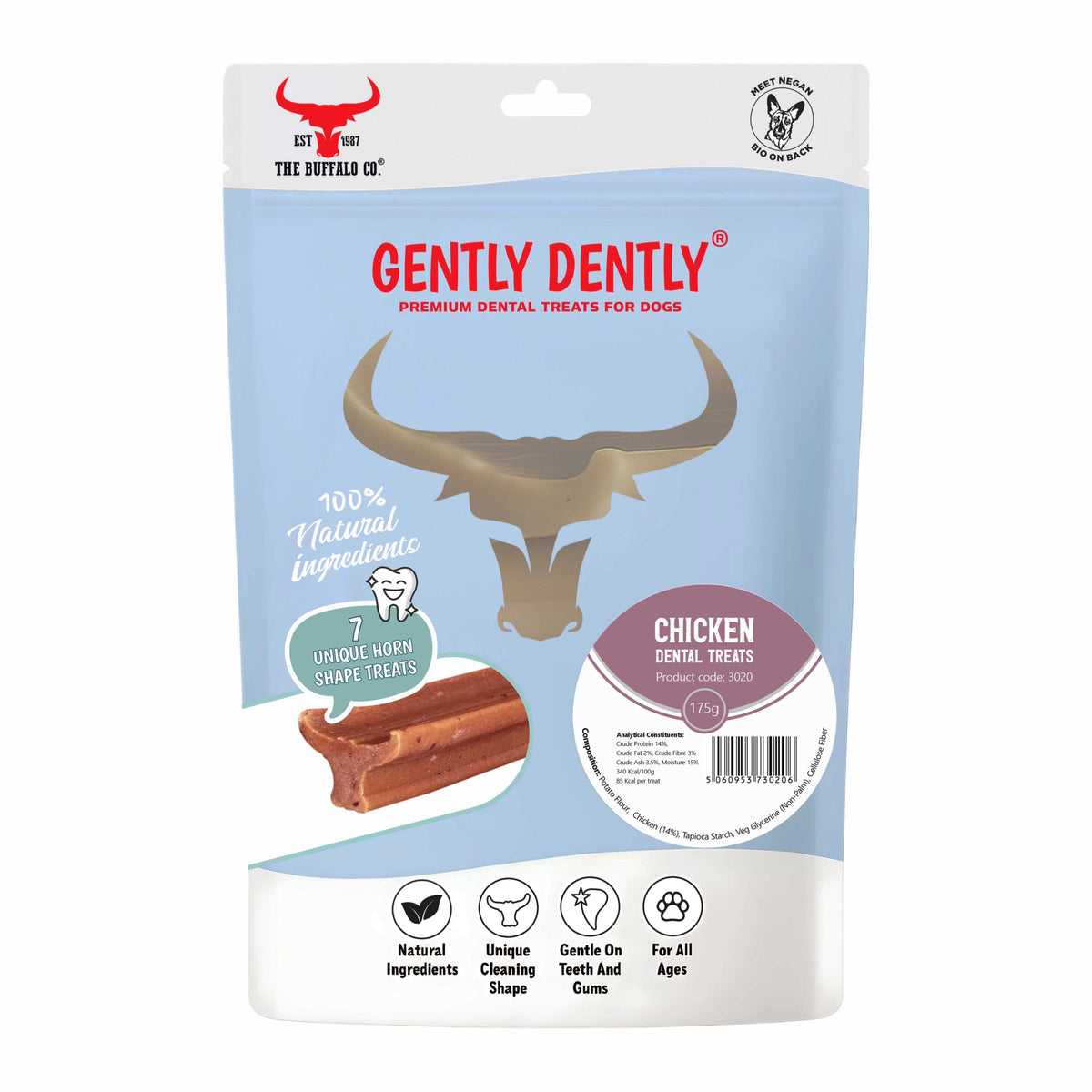 Gently Dently- Chicken Dental Treats in a light blue resealable pouch, with a buffalo horn-shaped chew pictured