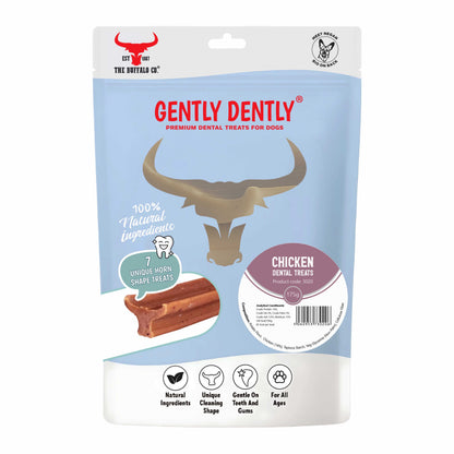Gently Dently- Chicken Dental Treats in a light blue resealable pouch, with a buffalo horn-shaped chew pictured