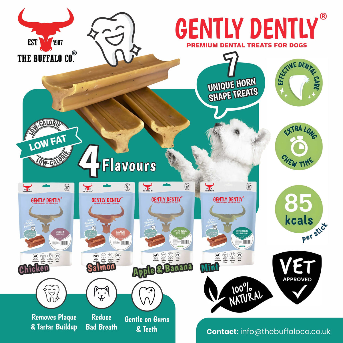 Gently Dently- Chicken Dental Treats shown as brown chew sticks with four flavour pouches and dental care claims