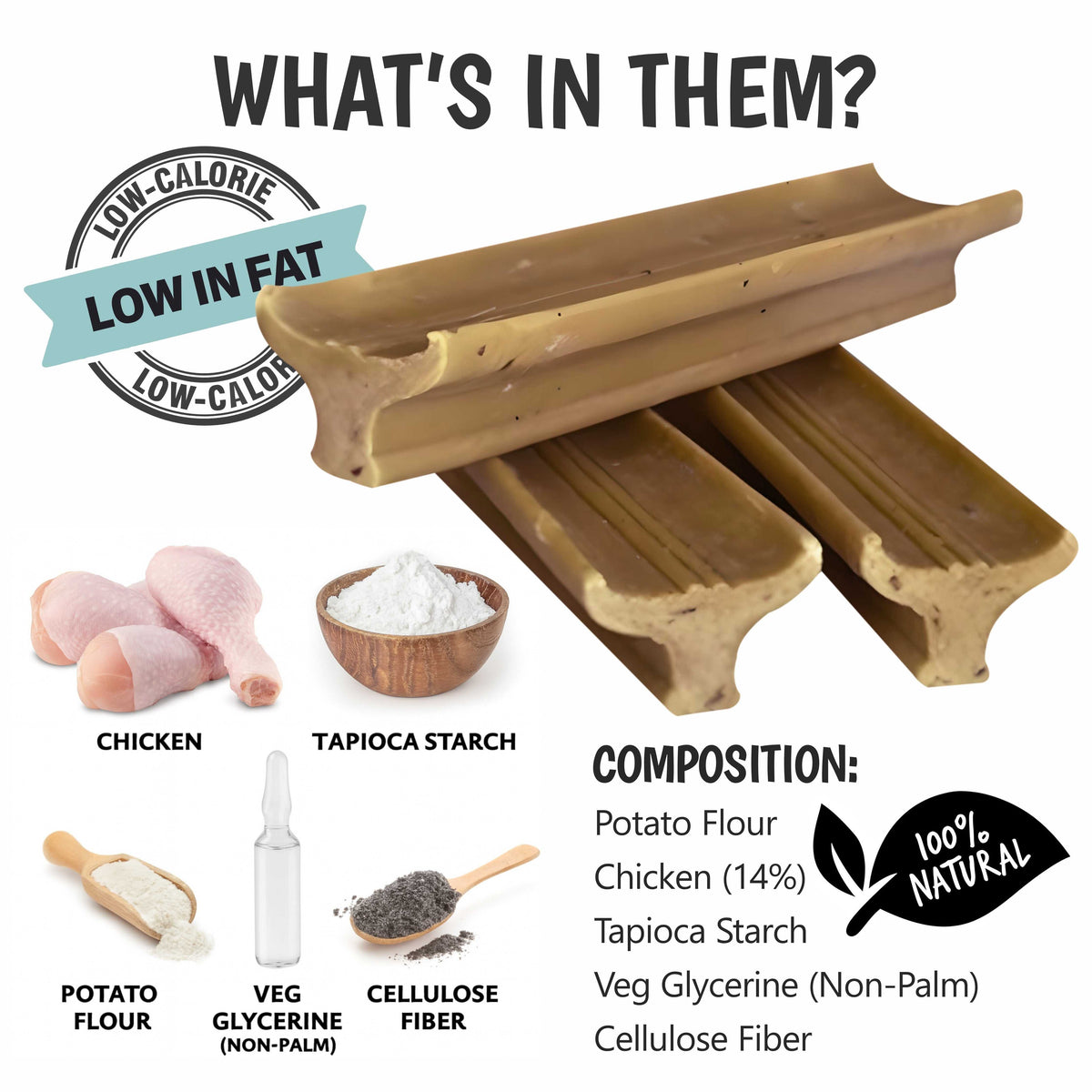 Gently Dently- Chicken Dental Treats are tan, ridged buffalo-head shaped chews, shown with chicken and natural ingredients