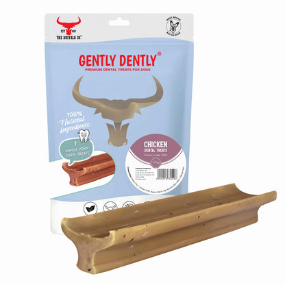 Gently Dently- Chicken Dental Treats with a tan, ridged buffalo-horn shape beside blue chicken treat packaging