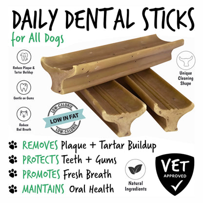 Gently Dently- Chicken Dental Treats shown as tan ridged dental sticks with a unique cleaning shape for dogs