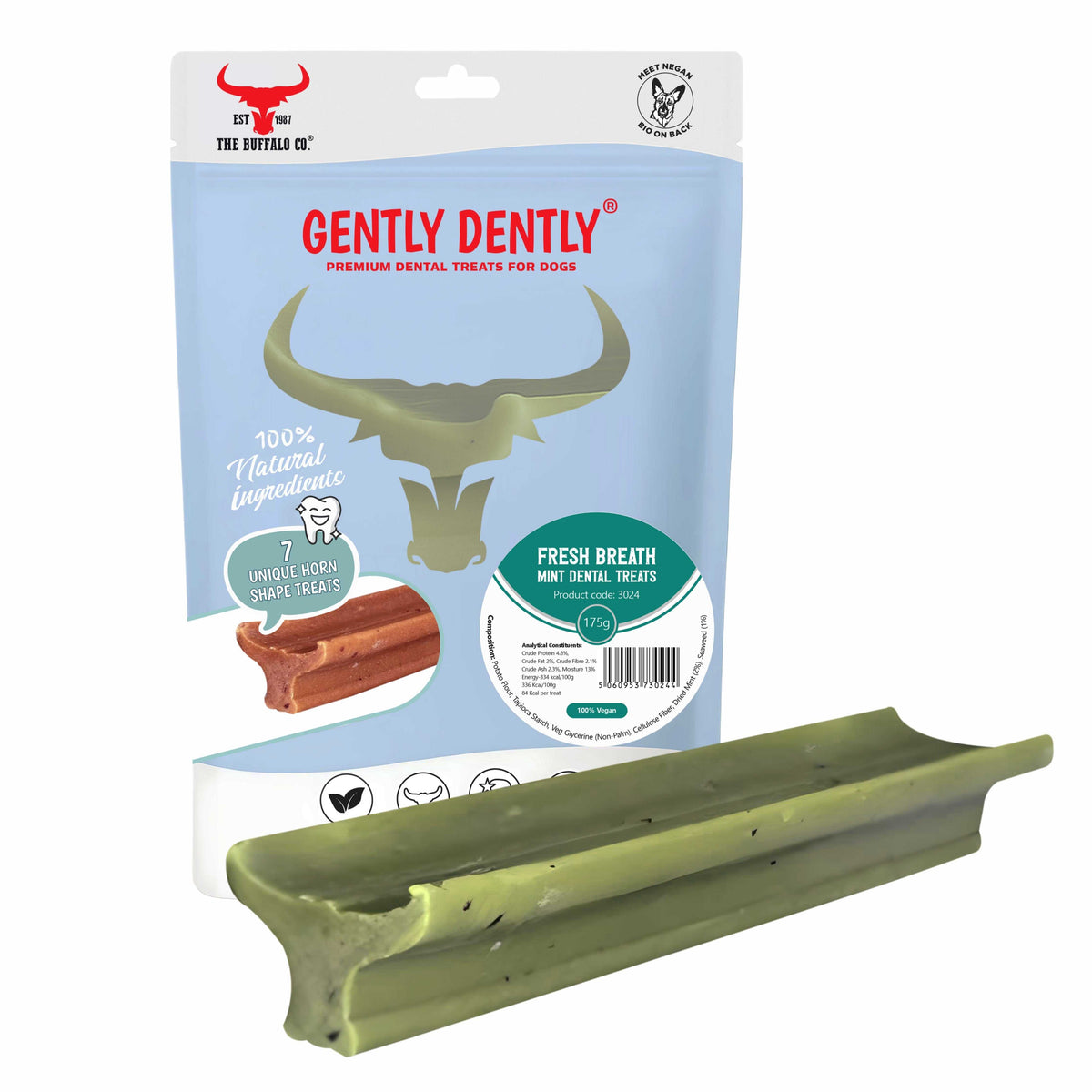 Gently Dently- Fresh Breath Mint dog dental treats in a pale blue pouch with a long olive-green buffalo horn-shaped chew
