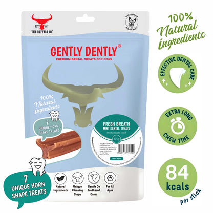 Gently Dently- Fresh Breath Mint dental treats for dogs in a blue and white pouch, with brown horn-shaped chews