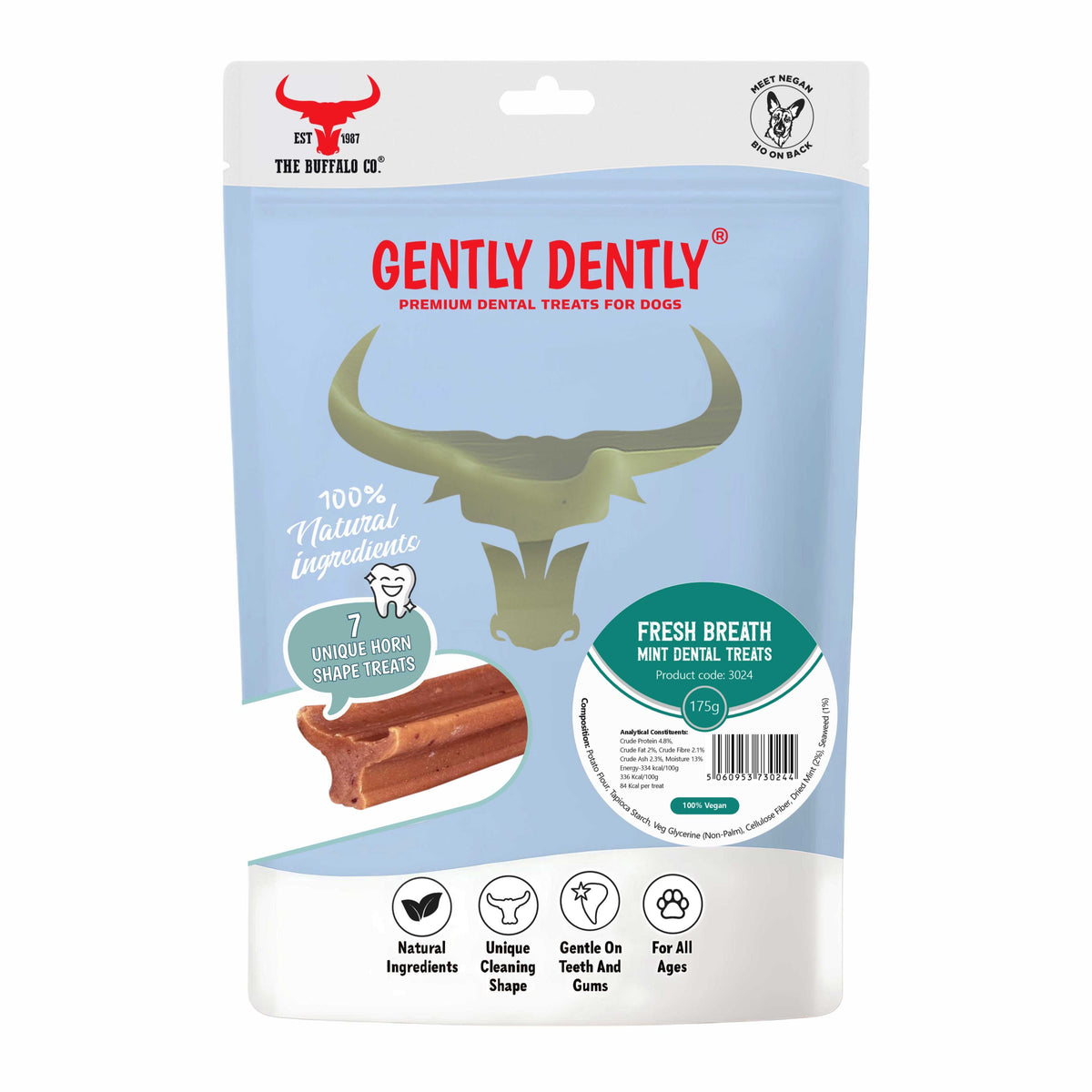 Gently Dently- Fresh Breath Mint dental treats for dogs in a blue and white pouch with buffalo horn-shaped treats pictured