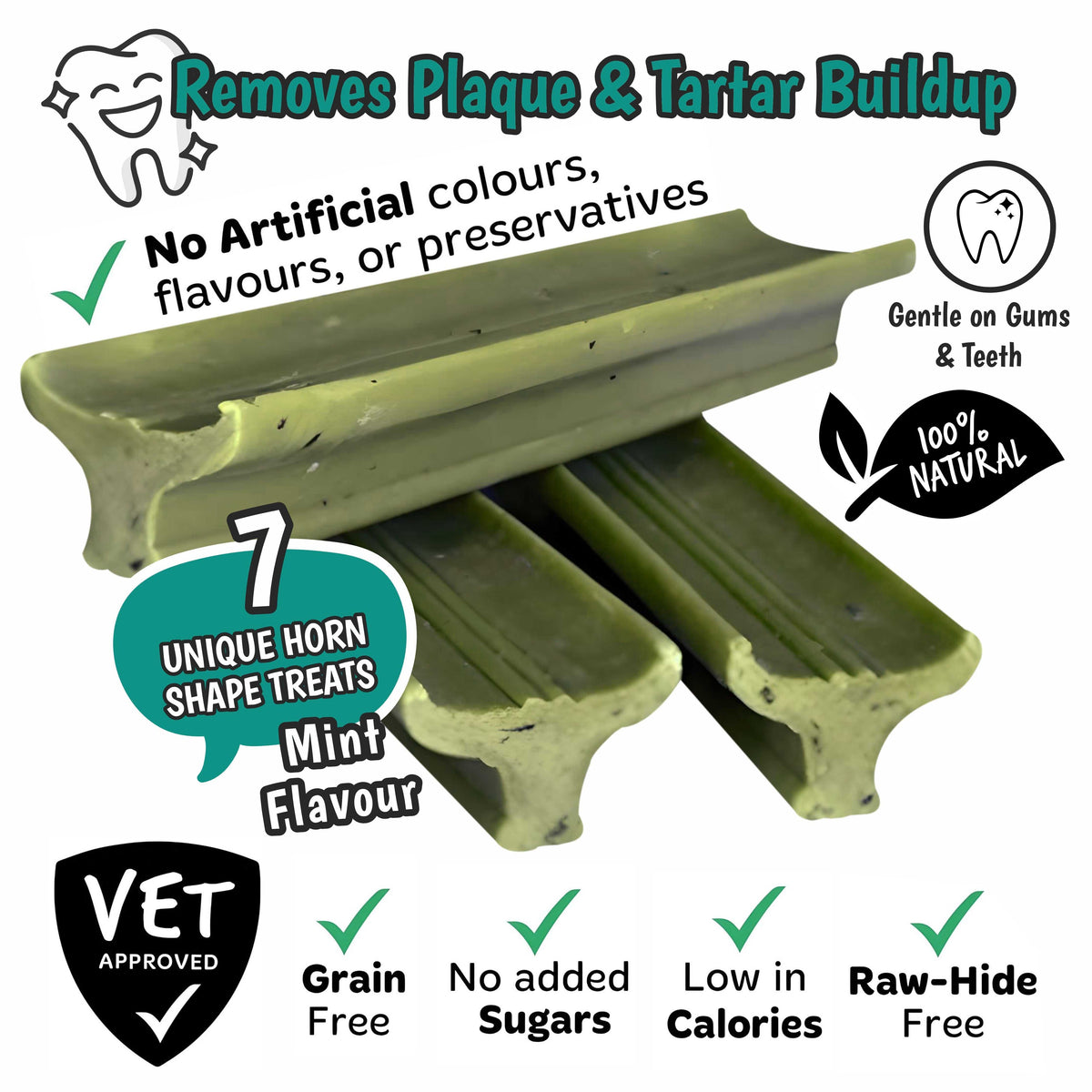 Gently Dently- Fresh Breath Mint dog dental treats in green horn shapes, with a ridged design and mint flavour