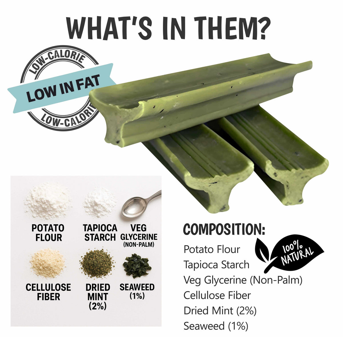 Gently Dently- Fresh Breath Mint dog dental treats in muted green, ridged chew bars made with dried mint