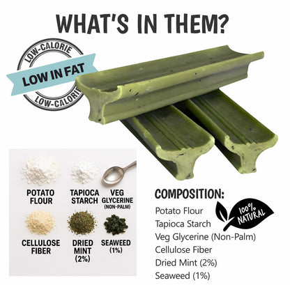 Gently Dently- Fresh Breath Mint dog dental treats in muted green, ridged chew bars made with dried mint