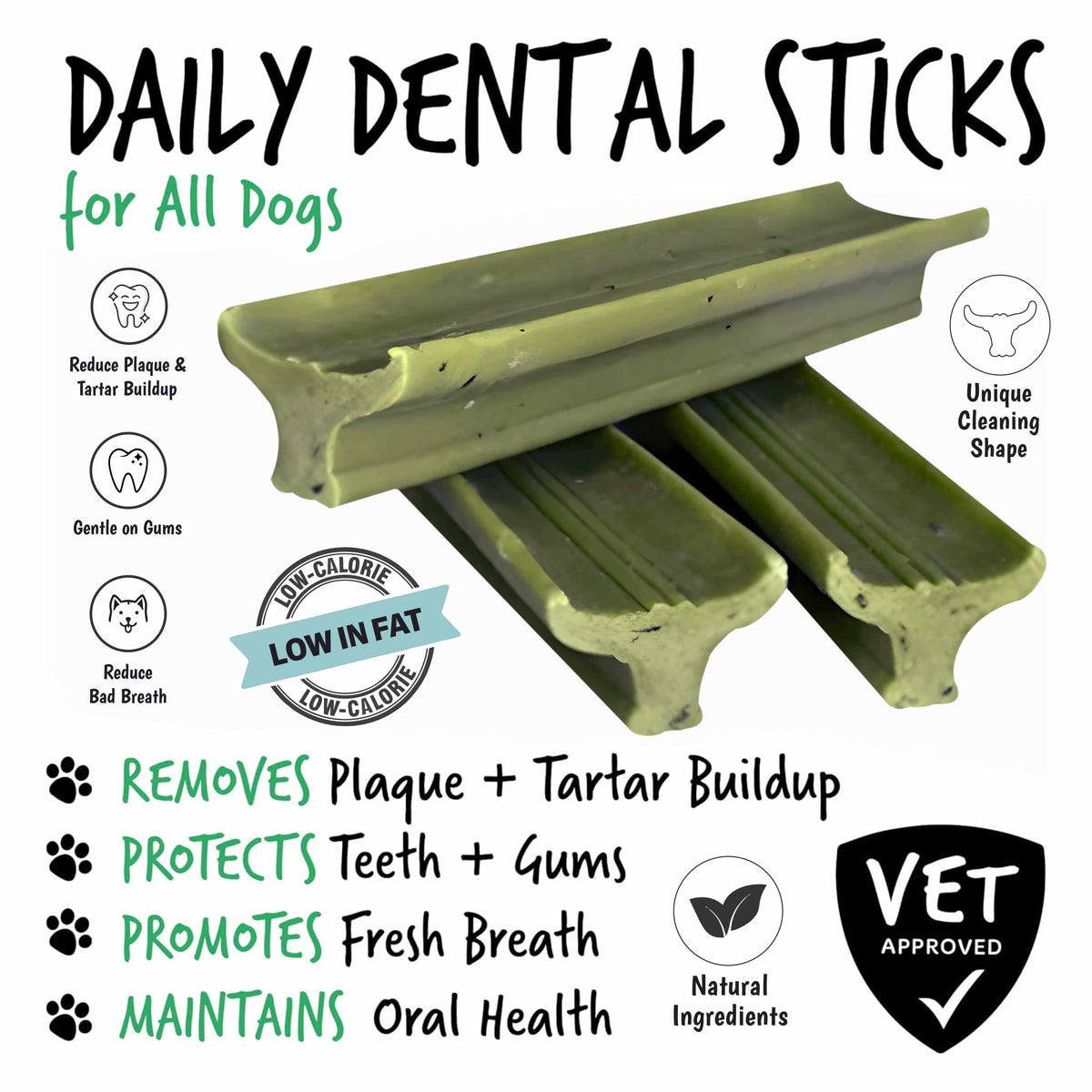 Gently Dently- Fresh Breath Mint dental sticks in olive green, ridged buffalo-head shape for dog dental care