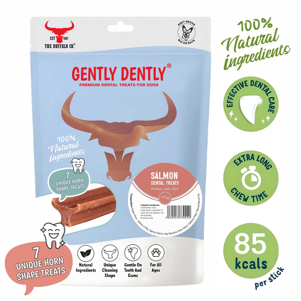 Gently Dently- Salmon Dental Treats in a blue resealable pouch with buffalo-head shaped salmon chews and natural dental care labels