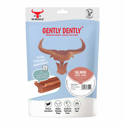 Gently Dently- Salmon Dental Treats pouch in light blue and white, with a buffalo head graphic and salmon flavour label