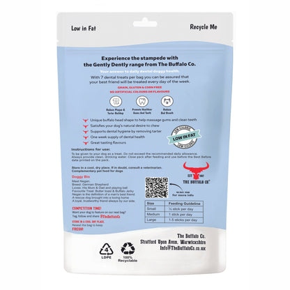Gently Dently- Salmon Dental Treats in a light blue and white recyclable pouch, with low-fat label and buffalo logo