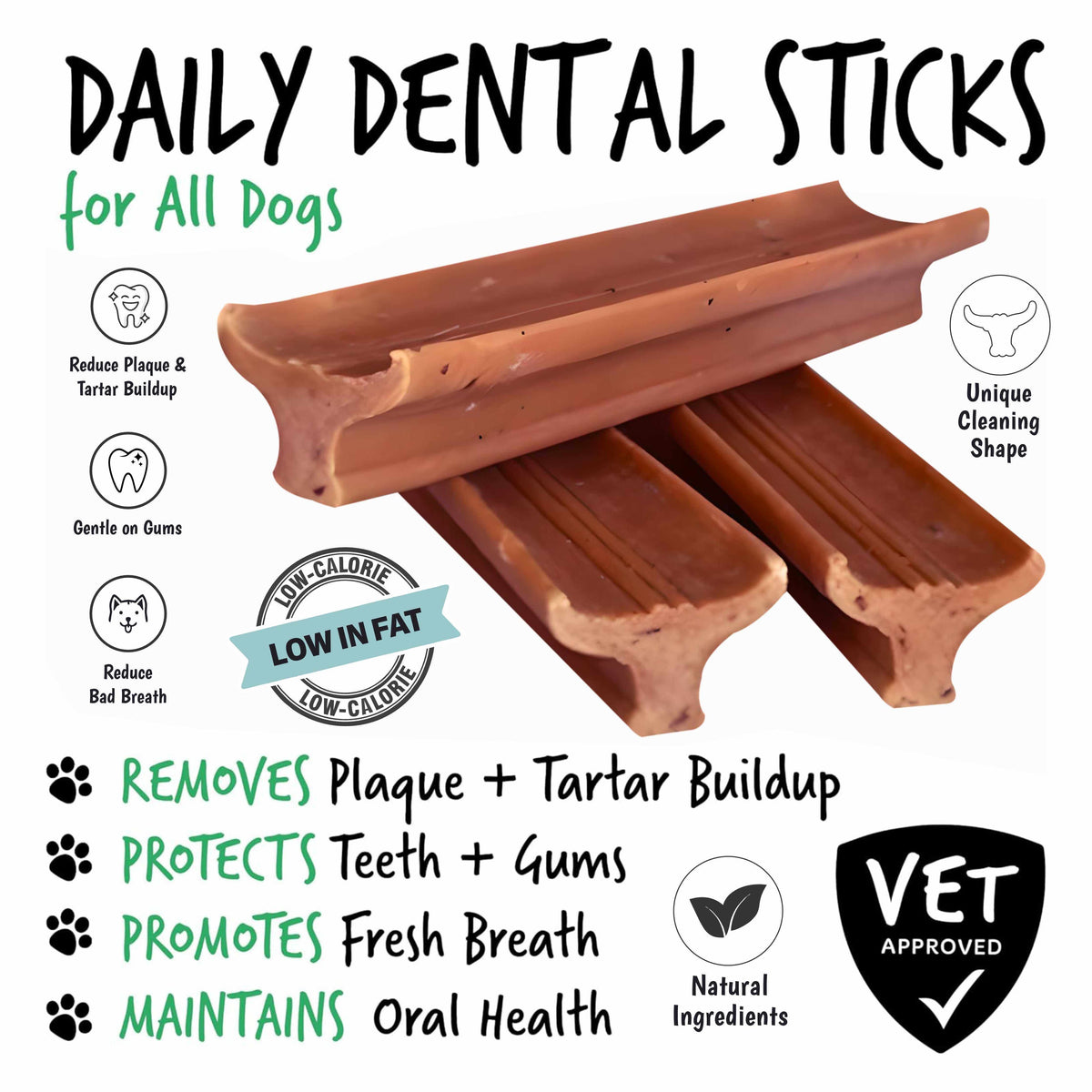 Gently Dently- Salmon Dental Treats are reddish-brown dental sticks with ridged surfaces and a distinctive cleaning shape