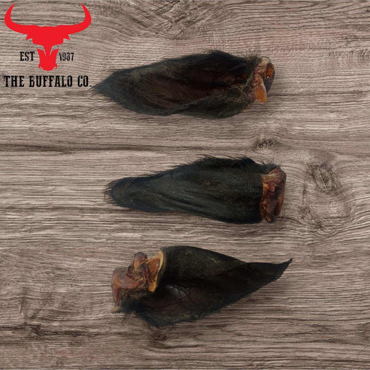 Hairy Buffalo Ears with Meat are dark, elongated buffalo ear treats with coarse fur and visible reddish-brown meat at the ends.